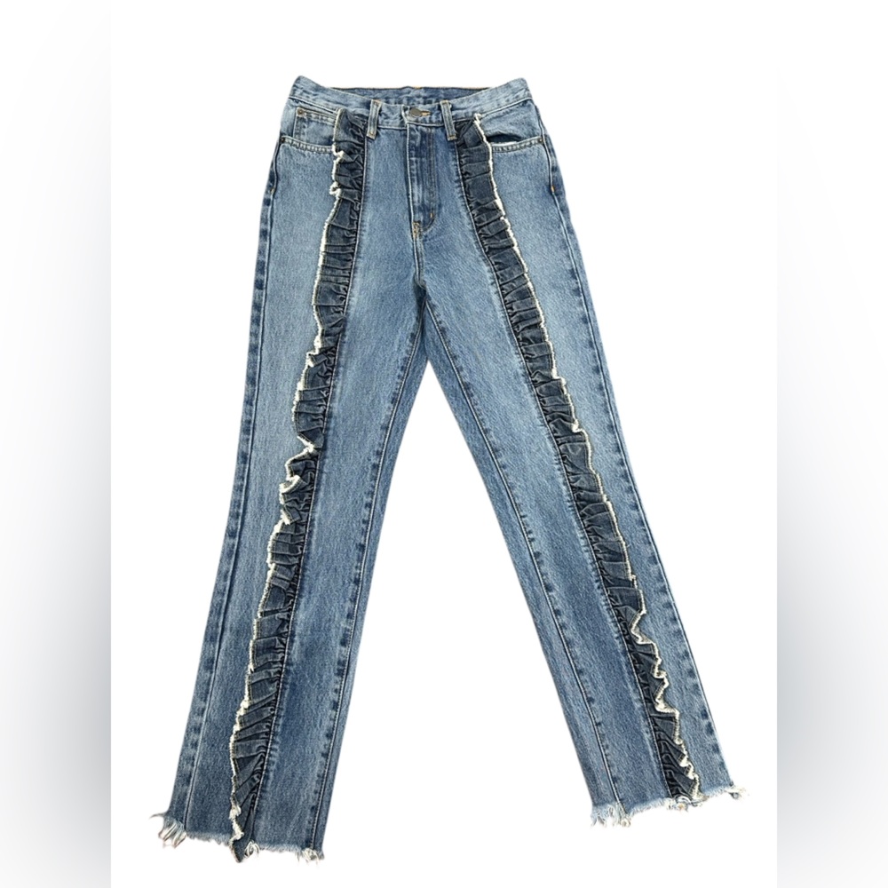 Carmar Two-Tone Light Blue Straight Leg Jeans with Frayed Trim - Picture 3 of 13
